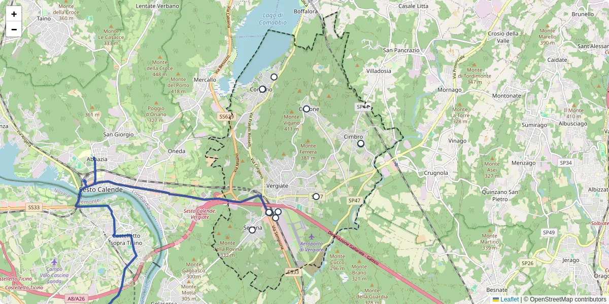 Mappa dettagliata del trasporto pubblico a Vergiate con linee autobus, tram e collegamenti
