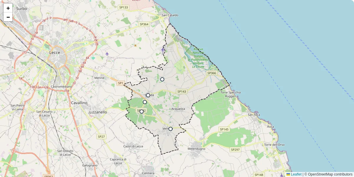 Mappa dettagliata del trasporto pubblico a Vernole con linee autobus, tram e collegamenti