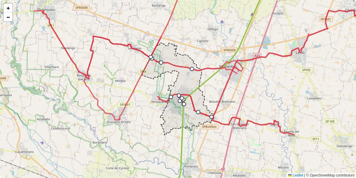 Mappa dettagliata del trasporto pubblico a Verolanuova con linee autobus, tram e collegamenti
