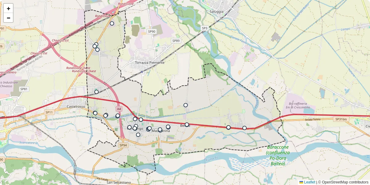 Mappa dettagliata del trasporto pubblico a Verolengo con linee autobus, tram e collegamenti