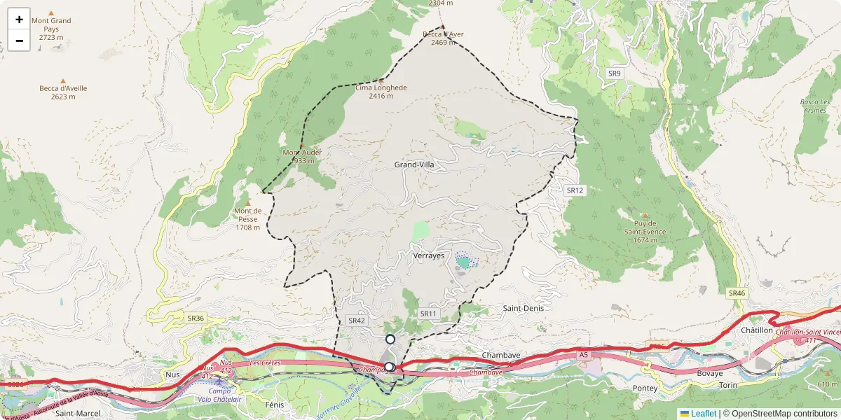 Mappa dettagliata del trasporto pubblico a Verrayes con linee autobus, tram e collegamenti