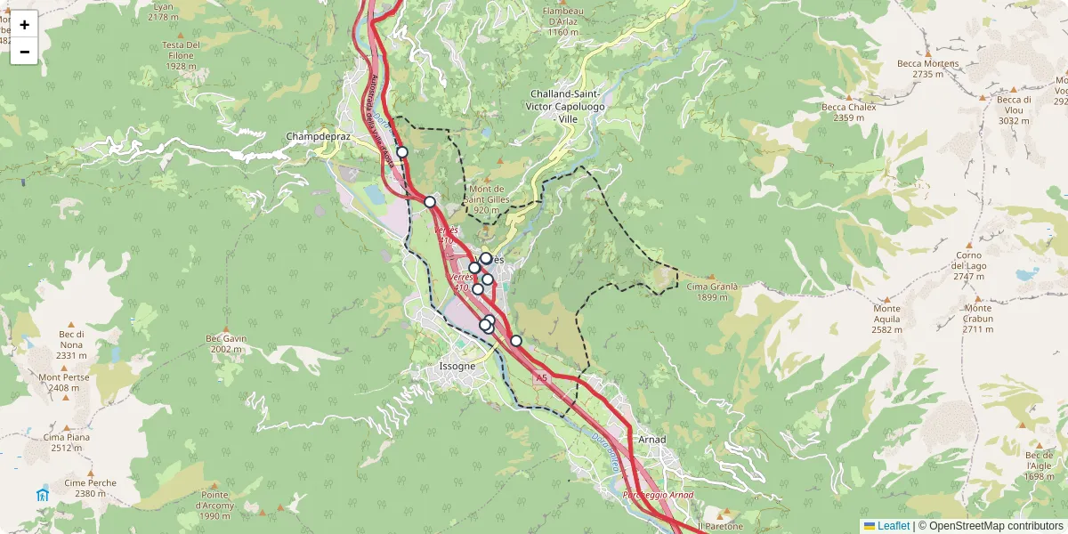 Mappa dettagliata del trasporto pubblico a Verrès con linee autobus, tram e collegamenti