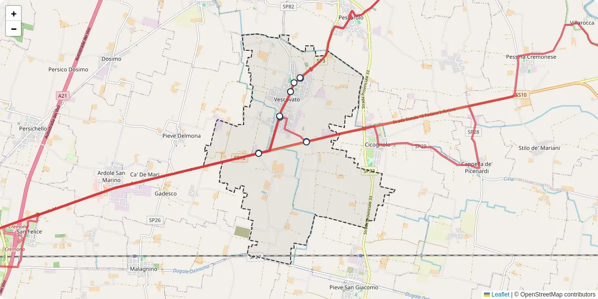 Mappa dettagliata del trasporto pubblico a Vescovato con linee autobus, tram e collegamenti