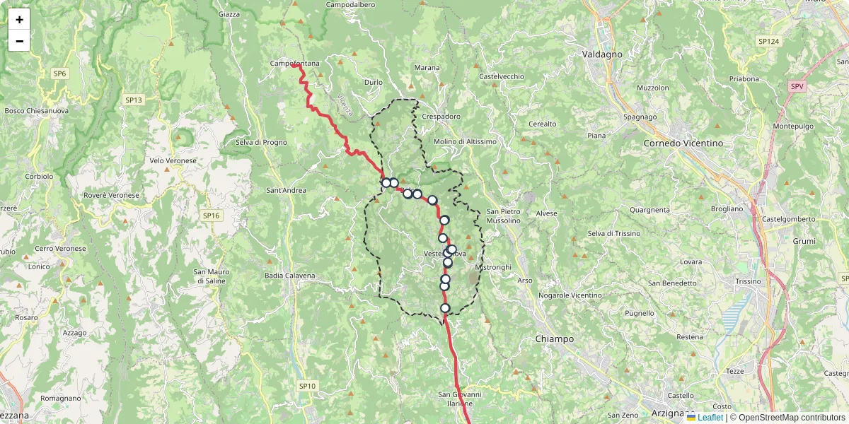 Mappa dettagliata del trasporto pubblico a Vestenanova con linee autobus, tram e collegamenti
