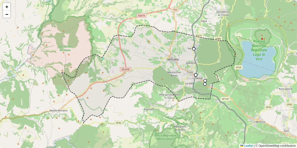 Mappa dettagliata del trasporto pubblico a Vetralla con linee autobus, tram e collegamenti