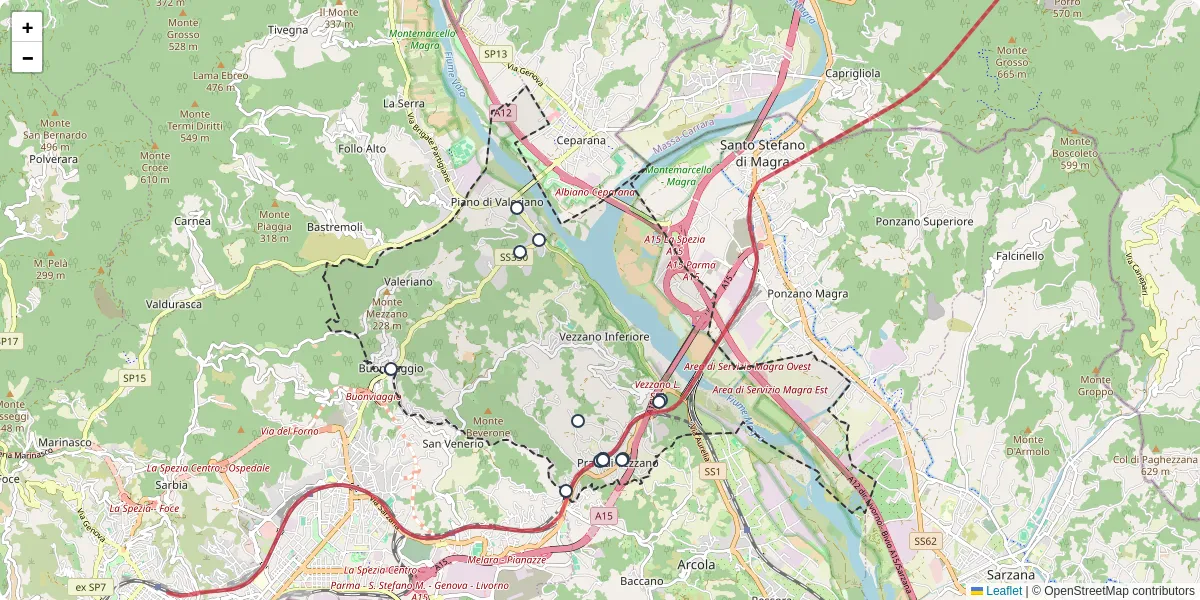 Mappa dettagliata del trasporto pubblico a Vezzano Ligure con linee autobus, tram e collegamenti