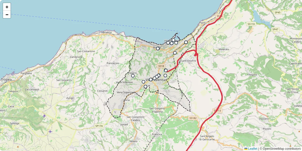 Mappa dettagliata del trasporto pubblico a Vibo Valentia con linee autobus, tram e collegamenti