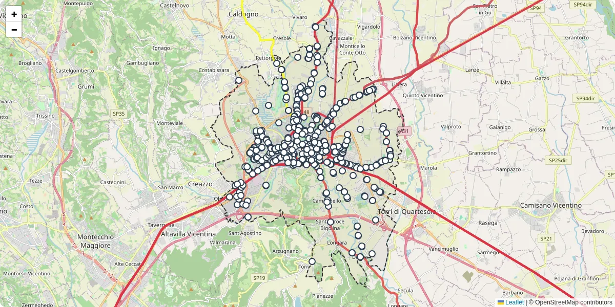 Mappa dettagliata del trasporto pubblico a Vicenza con linee autobus, tram e collegamenti