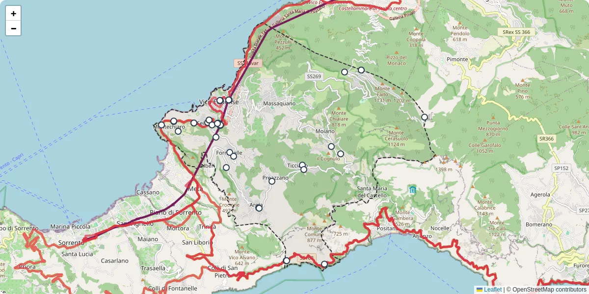 Mappa dettagliata del trasporto pubblico a Vico Equense con linee autobus, tram e collegamenti