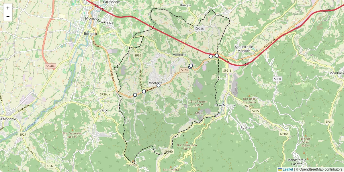 Mappa dettagliata del trasporto pubblico a Vicoforte con linee autobus, tram e collegamenti