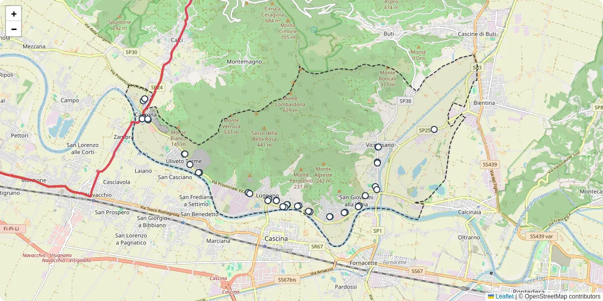 Mappa dettagliata del trasporto pubblico a Vicopisano con linee autobus, tram e collegamenti