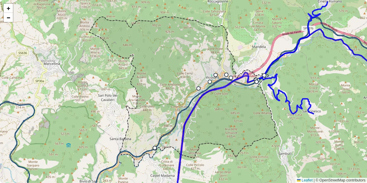 Mappa dettagliata del trasporto pubblico a Vicovaro con linee autobus, tram e collegamenti
