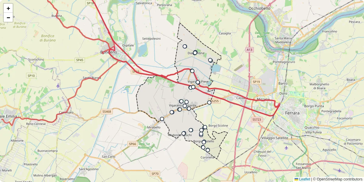 Mappa dettagliata del trasporto pubblico a Vigarano Mainarda con linee autobus, tram e collegamenti