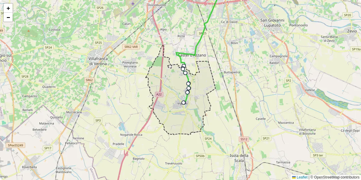 Mappa dettagliata del trasporto pubblico a Vigasio con linee autobus, tram e collegamenti