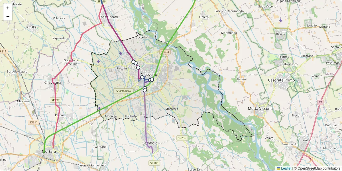 Mappa dettagliata del trasporto pubblico a Vigevano con linee autobus, tram e collegamenti
