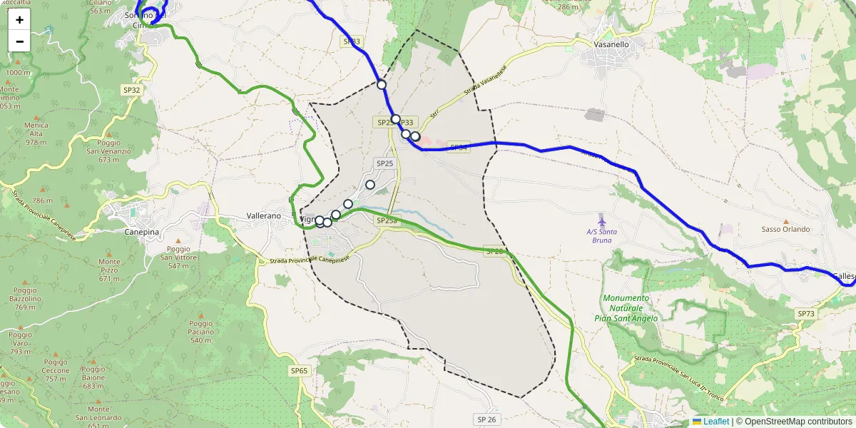 Mappa dettagliata del trasporto pubblico a Vignanello con linee autobus, tram e collegamenti