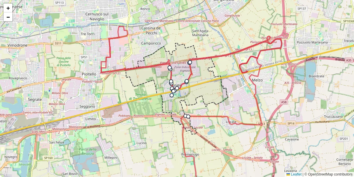 Mappa dettagliata del trasporto pubblico a Vignate con linee autobus, tram e collegamenti