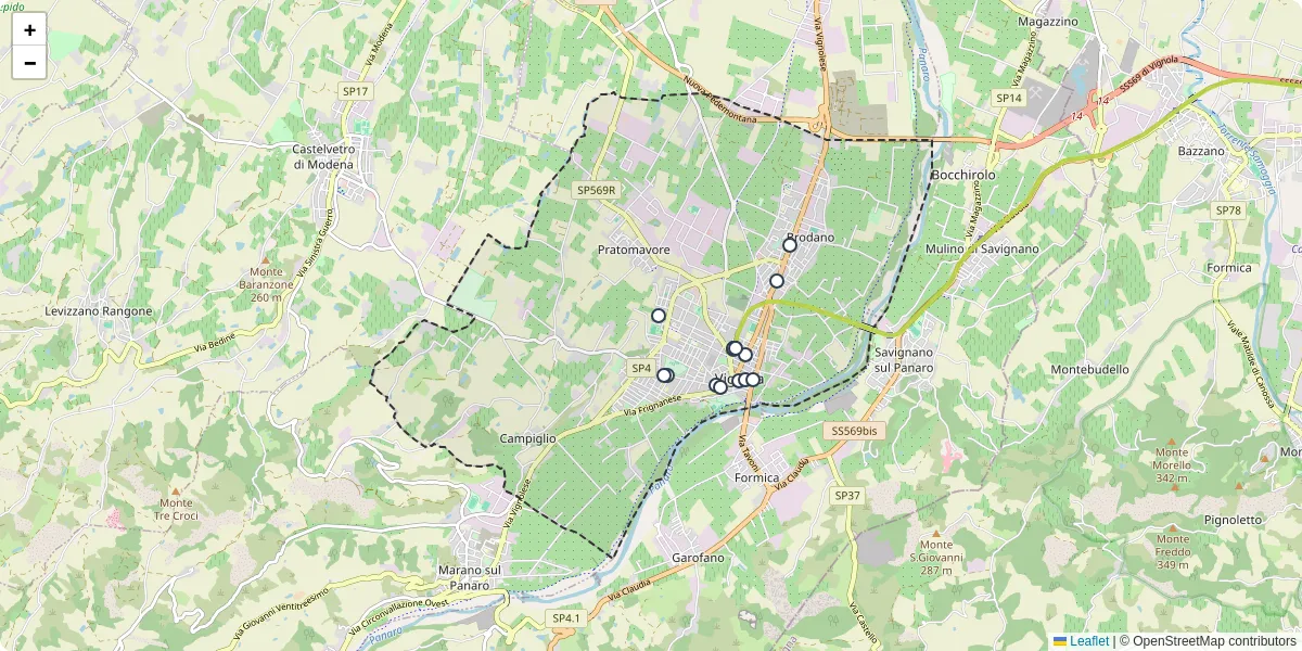 Mappa dettagliata del trasporto pubblico a Vignola con linee autobus, tram e collegamenti