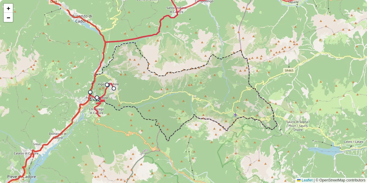 Mappa dettagliata del trasporto pubblico a Vigo di Cadore con linee autobus, tram e collegamenti