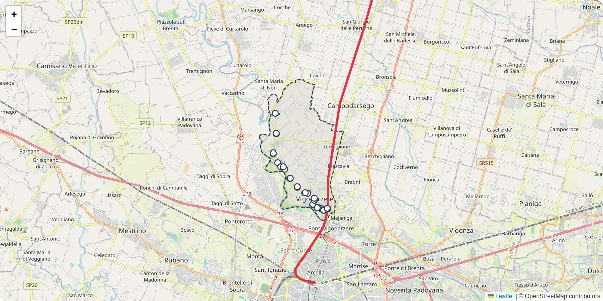 Mappa dettagliata del trasporto pubblico a Vigodarzere con linee autobus, tram e collegamenti