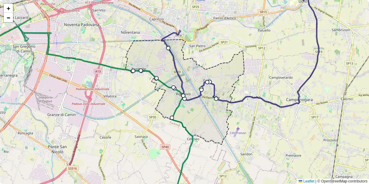 Mappa dettagliata del trasporto pubblico a Vigonovo con linee autobus, tram e collegamenti