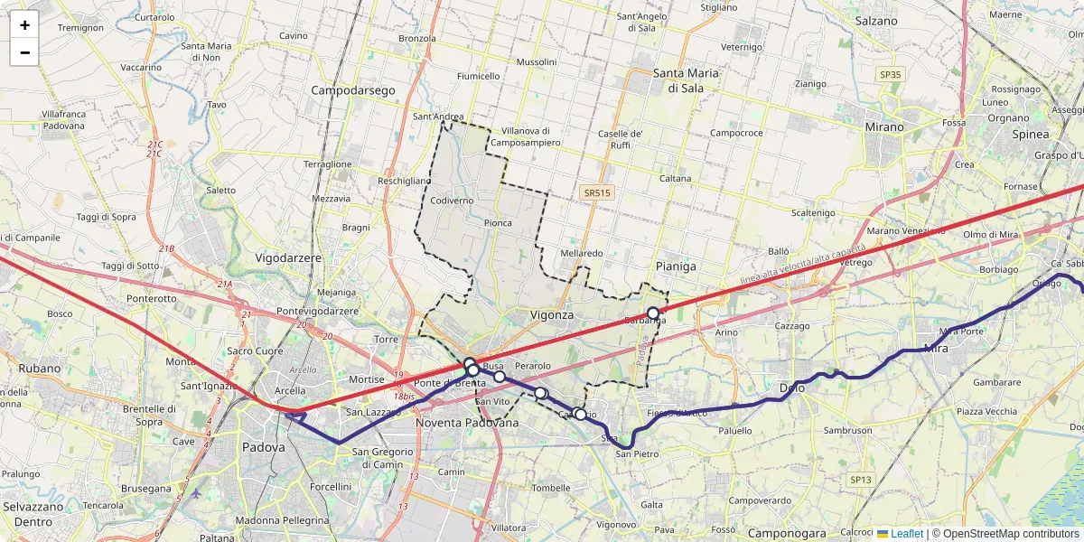 Mappa dettagliata del trasporto pubblico a Vigonza con linee autobus, tram e collegamenti