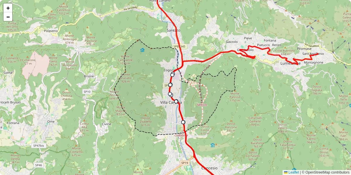 Mappa dettagliata del trasporto pubblico a Villa Carcina con linee autobus, tram e collegamenti