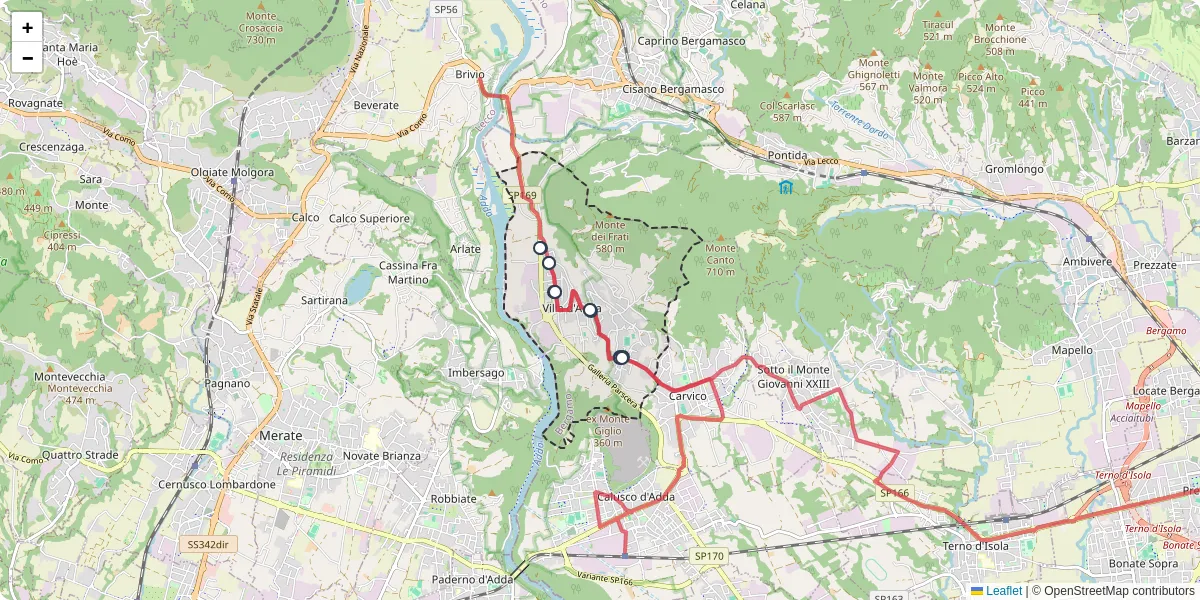 Mappa dettagliata del trasporto pubblico a Villa d'Adda con linee autobus, tram e collegamenti