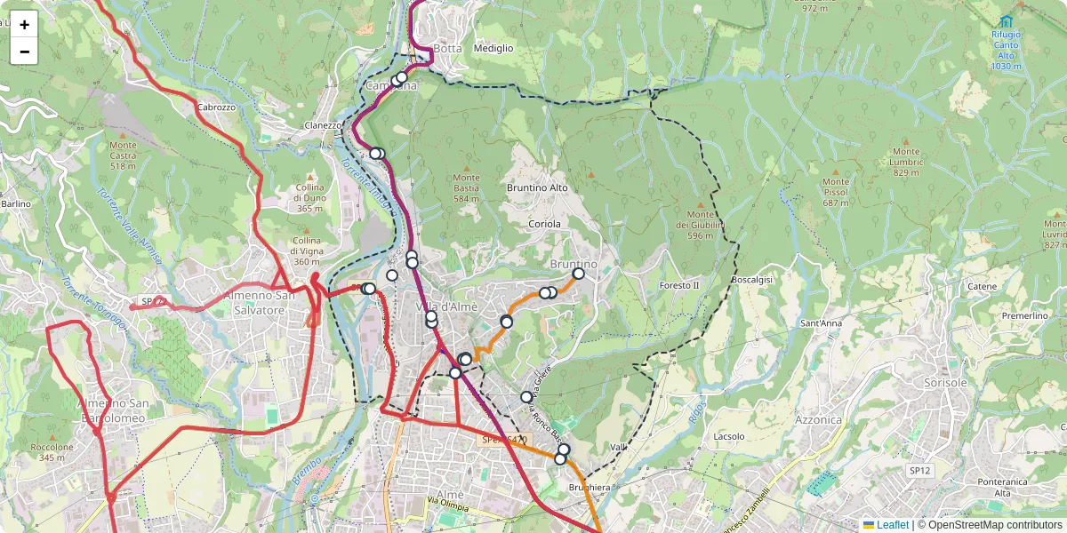 Mappa dettagliata del trasporto pubblico a Villa d'Almè con linee autobus, tram e collegamenti