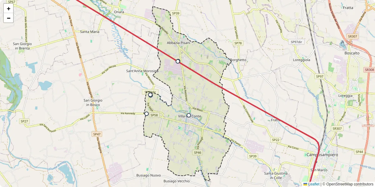 Mappa dettagliata del trasporto pubblico a Villa del Conte con linee autobus, tram e collegamenti
