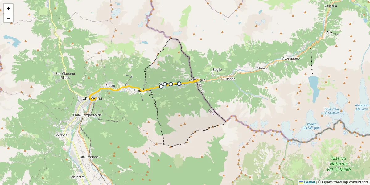 Mappa dettagliata del trasporto pubblico a Villa di Chiavenna con linee autobus, tram e collegamenti