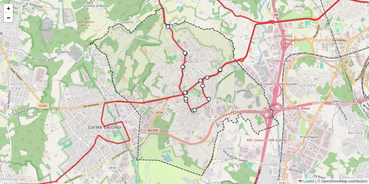 Mappa dettagliata del trasporto pubblico a Villa Guardia con linee autobus, tram e collegamenti