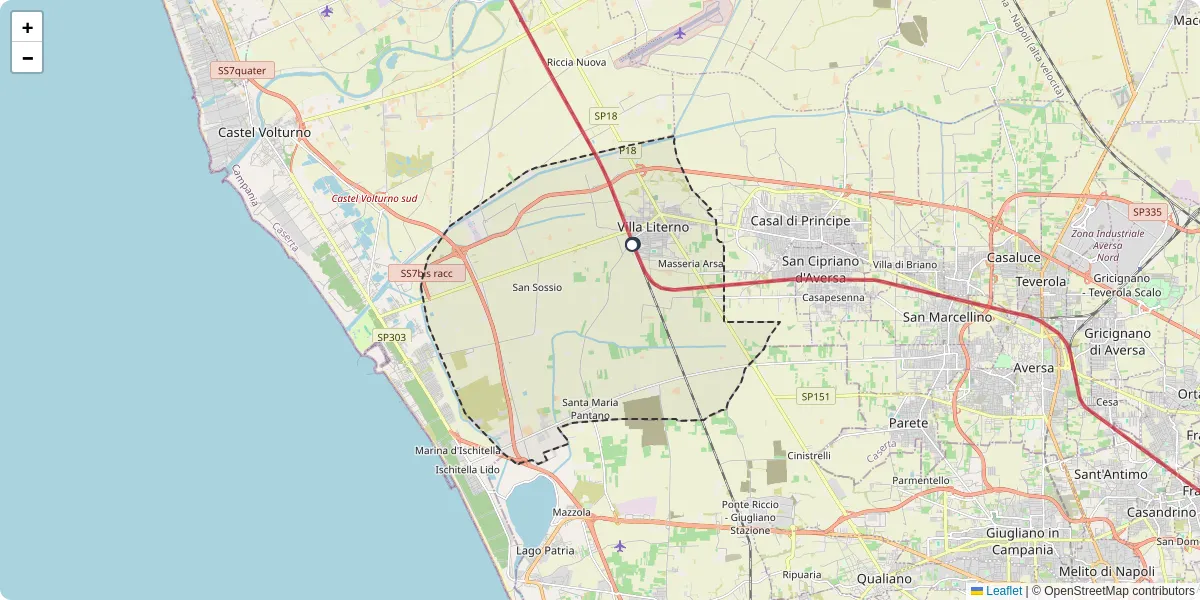 Mappa dettagliata del trasporto pubblico a Villa Literno con linee autobus, tram e collegamenti