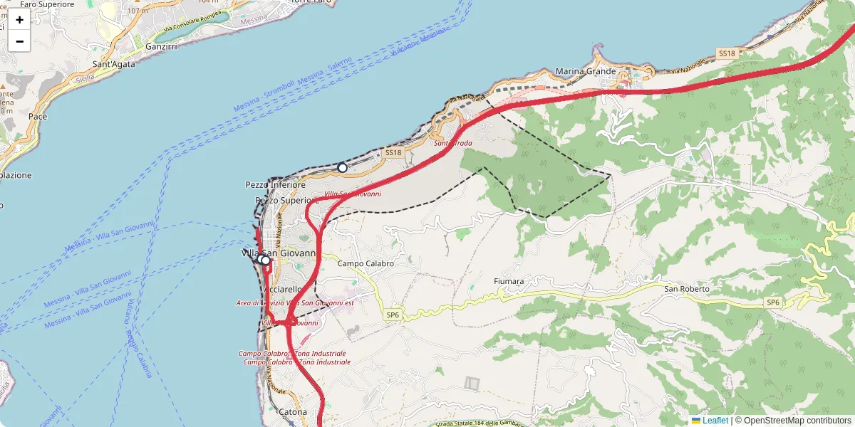 Mappa dettagliata del trasporto pubblico a Villa San Giovanni con linee autobus, tram e collegamenti