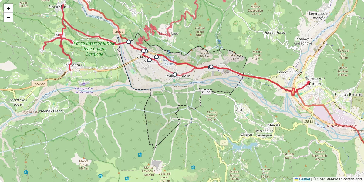 Mappa dettagliata del trasporto pubblico a Villa Santina / Vile con linee autobus, tram e collegamenti