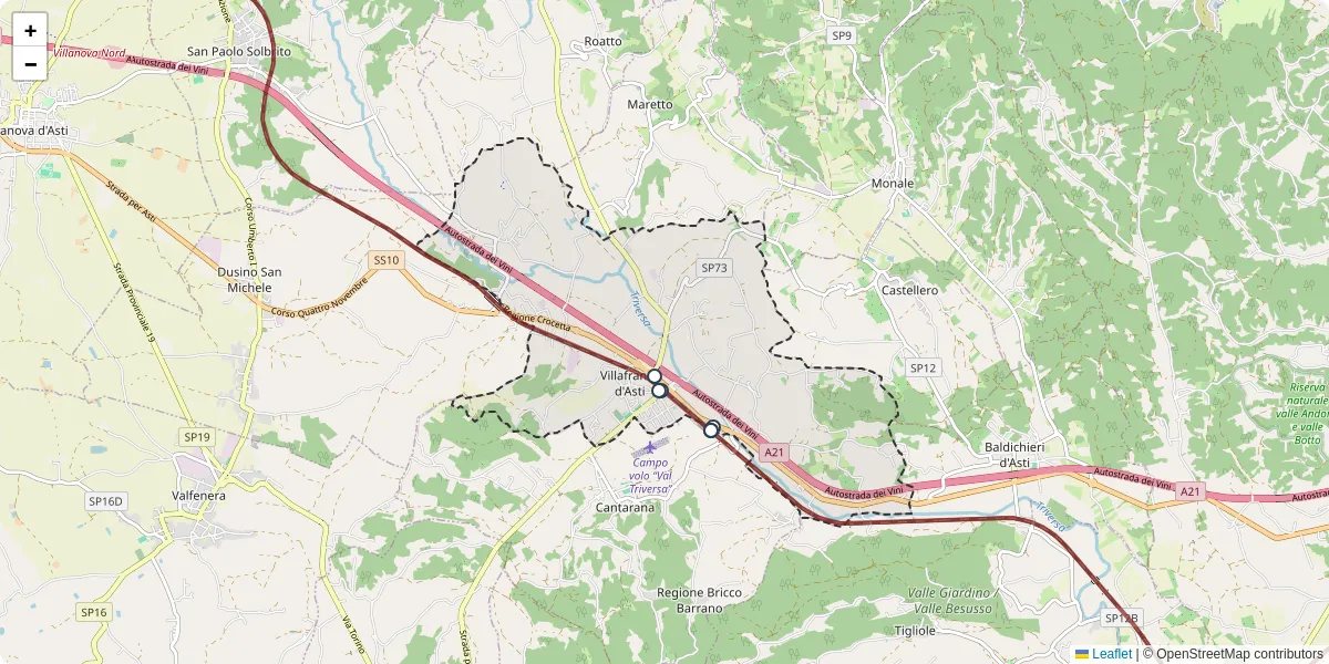 Mappa dettagliata del trasporto pubblico a Villafranca d'Asti con linee autobus, tram e collegamenti