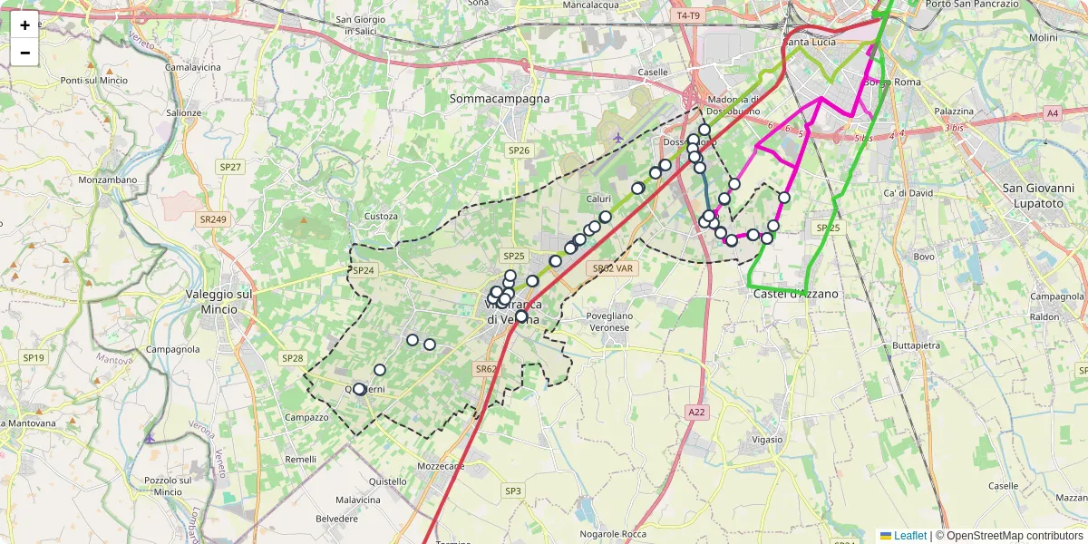 Mappa dettagliata del trasporto pubblico a Villafranca di Verona con linee autobus, tram e collegamenti
