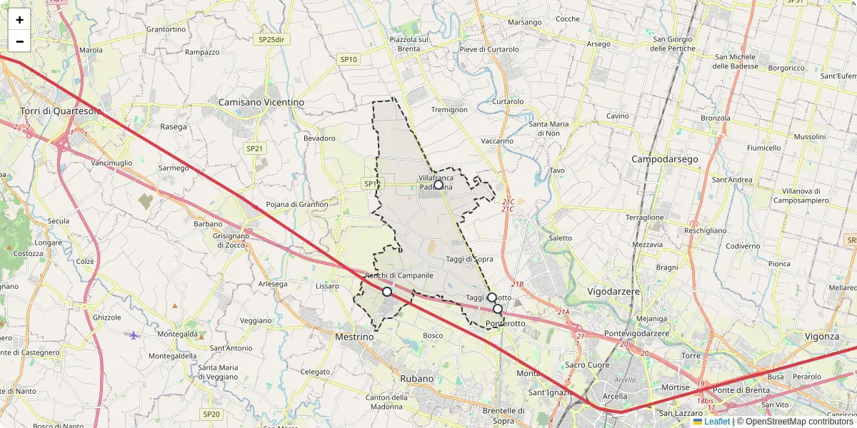 Mappa dettagliata del trasporto pubblico a Villafranca Padovana con linee autobus, tram e collegamenti