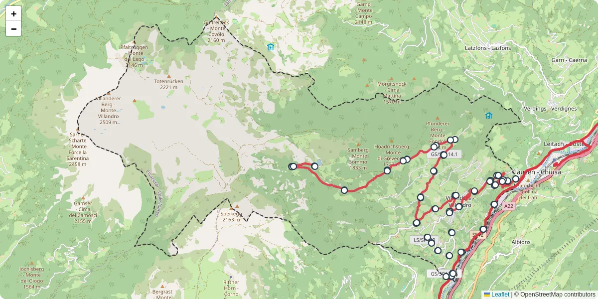 Mappa dettagliata del trasporto pubblico a Villanders - Villandro con linee autobus, tram e collegamenti