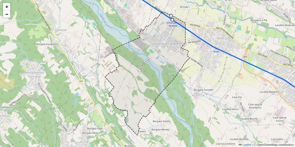 Mappa dettagliata del trasporto pubblico a Villanova Canavese con linee autobus, tram e collegamenti