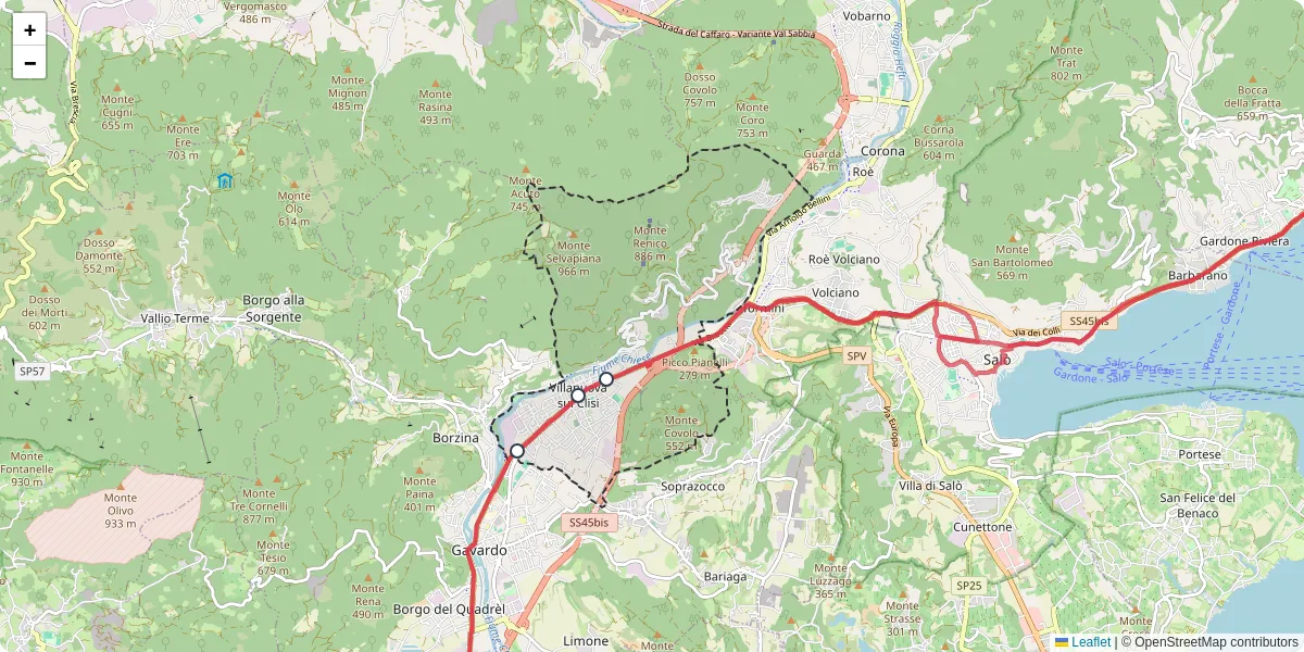 Mappa dettagliata del trasporto pubblico a Villanuova sul Clisi con linee autobus, tram e collegamenti