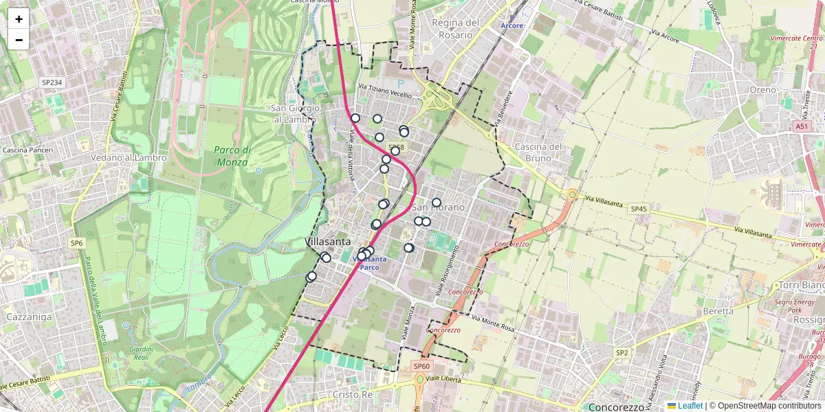 Mappa dettagliata del trasporto pubblico a Villasanta con linee autobus, tram e collegamenti