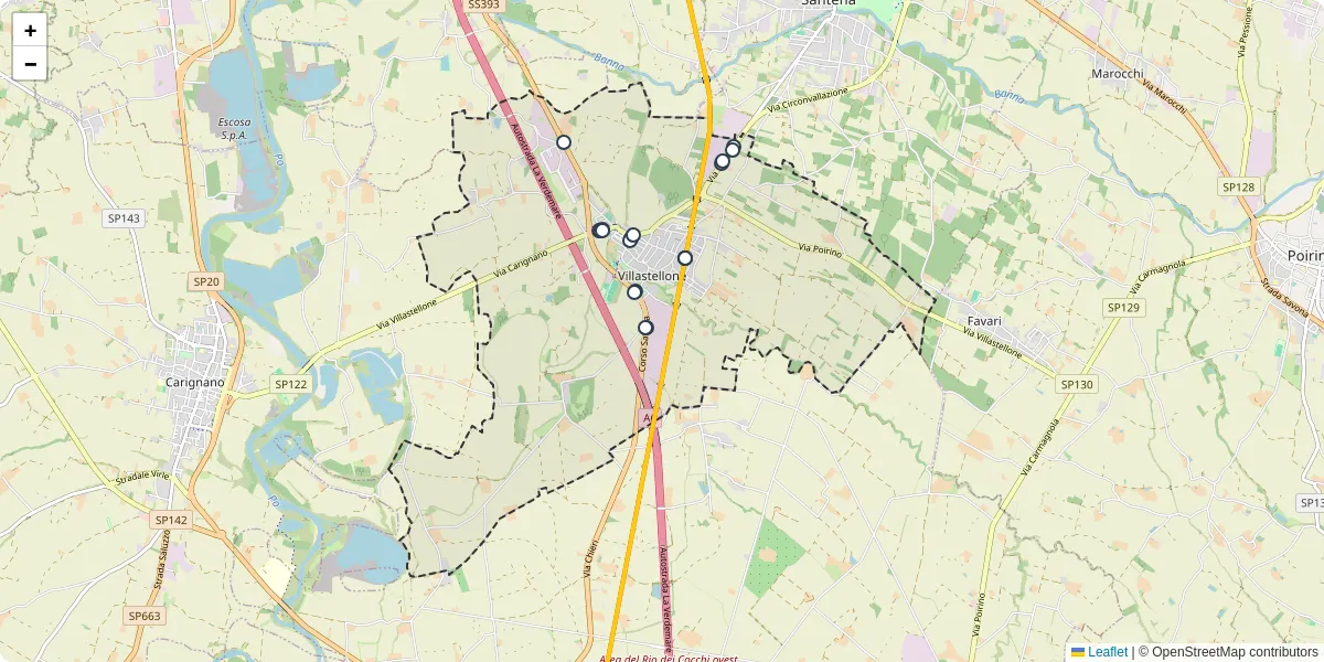 Mappa dettagliata del trasporto pubblico a Villastellone con linee autobus, tram e collegamenti