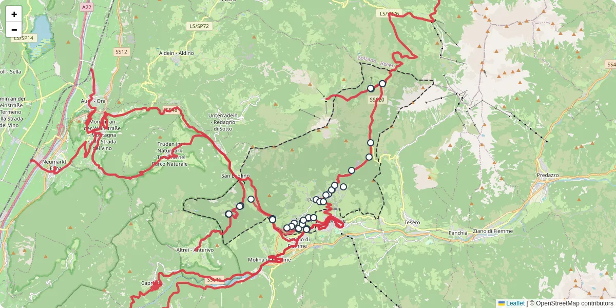 Mappa dettagliata del trasporto pubblico a Ville di Fiemme con linee autobus, tram e collegamenti