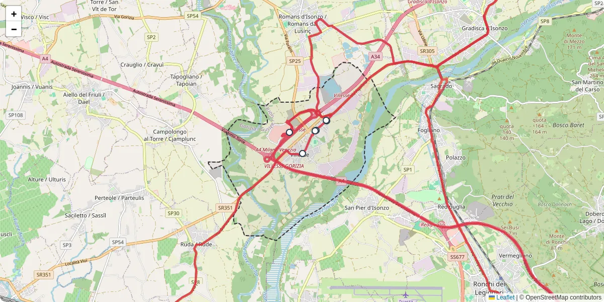 Mappa dettagliata del trasporto pubblico a Villesse / Vilès con linee autobus, tram e collegamenti
