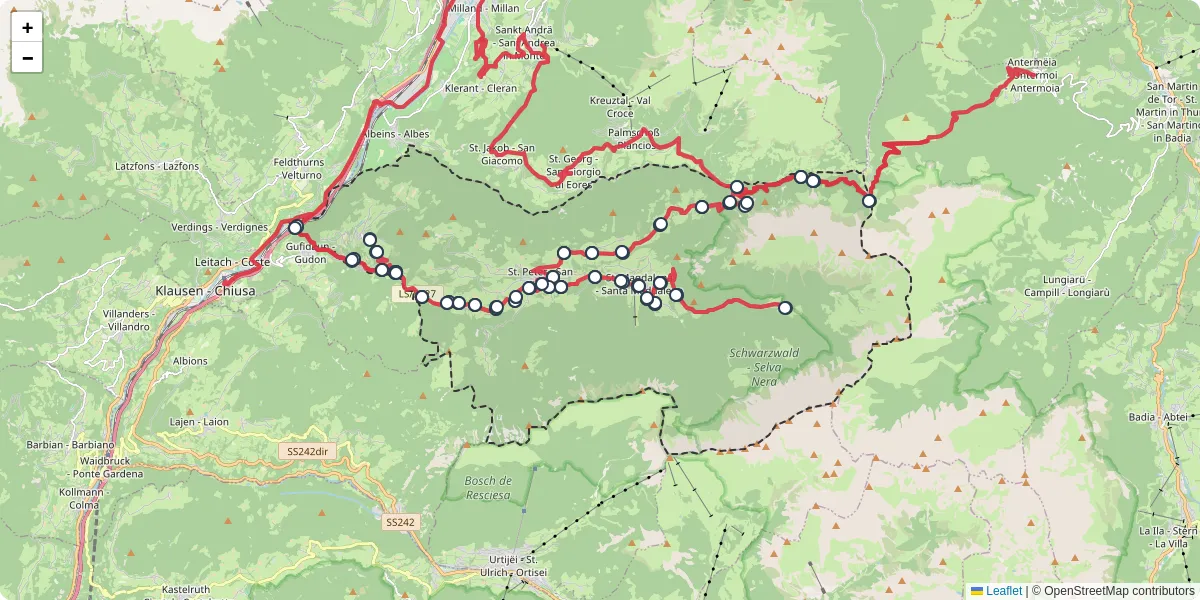 Mappa dettagliata del trasporto pubblico a Villnöß - Funes con linee autobus, tram e collegamenti
