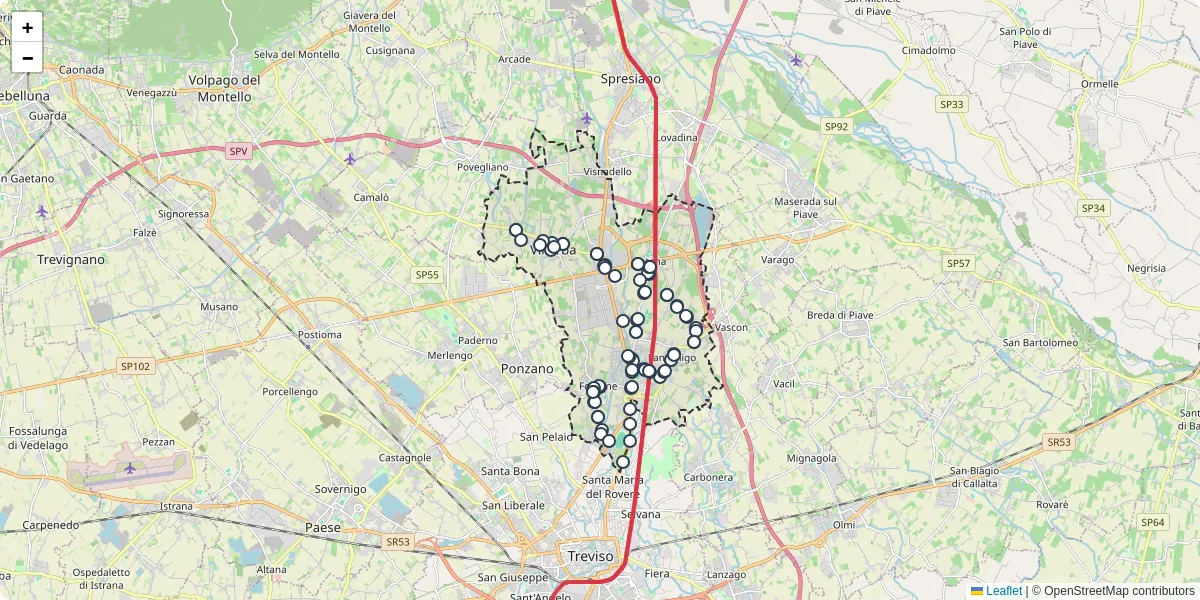 Mappa dettagliata del trasporto pubblico a Villorba con linee autobus, tram e collegamenti