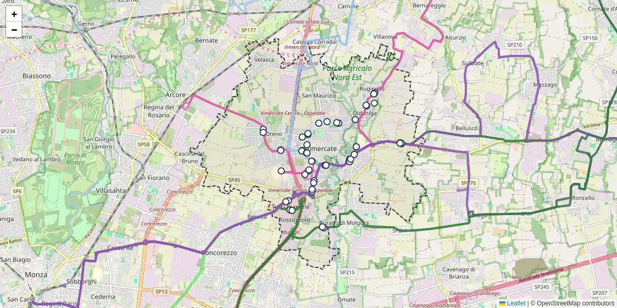Mappa dettagliata del trasporto pubblico a Vimercate con linee autobus, tram e collegamenti
