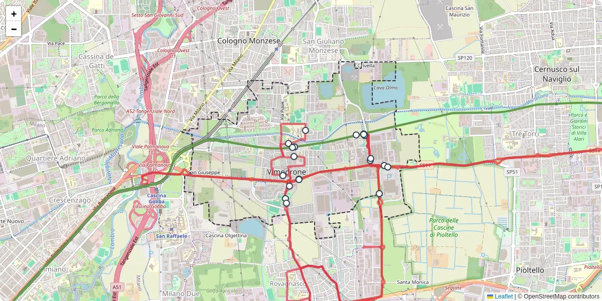 Mappa dettagliata del trasporto pubblico a Vimodrone con linee autobus, tram e collegamenti