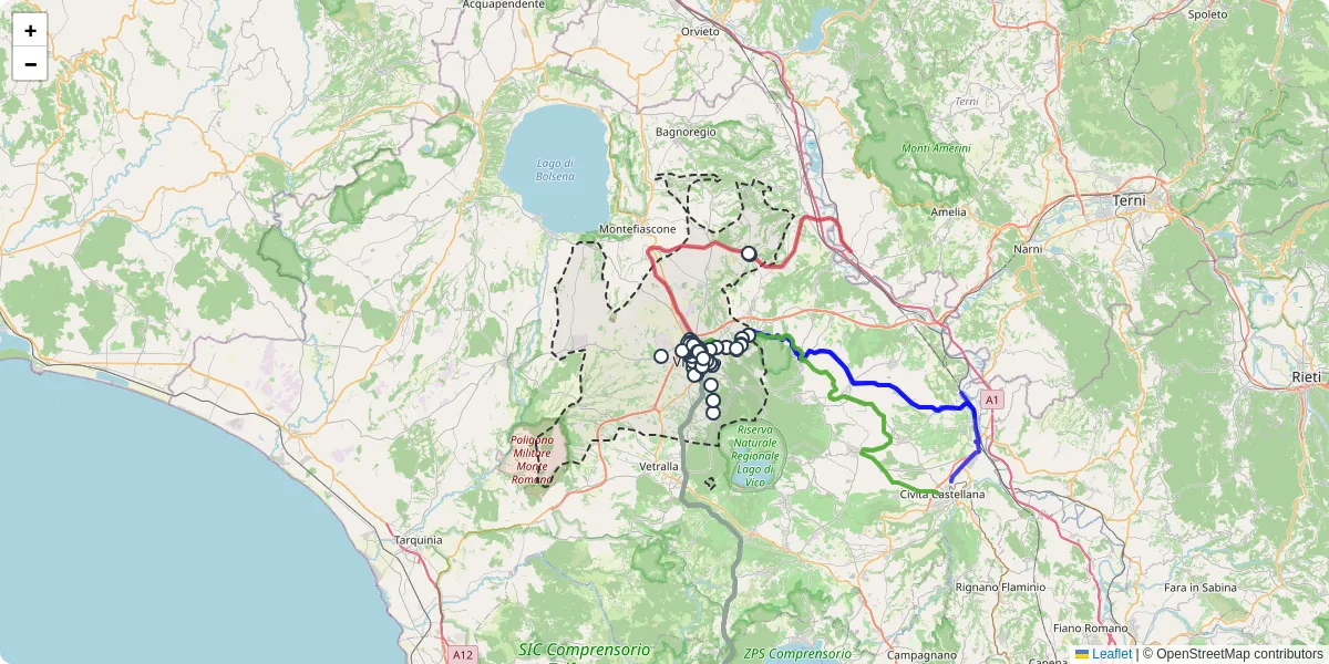 Mappa dettagliata del trasporto pubblico a Viterbo con linee autobus, tram e collegamenti